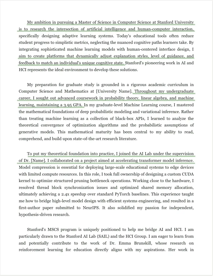 Sample document annotated with grammar, clarity, program fit, and structure feedback
